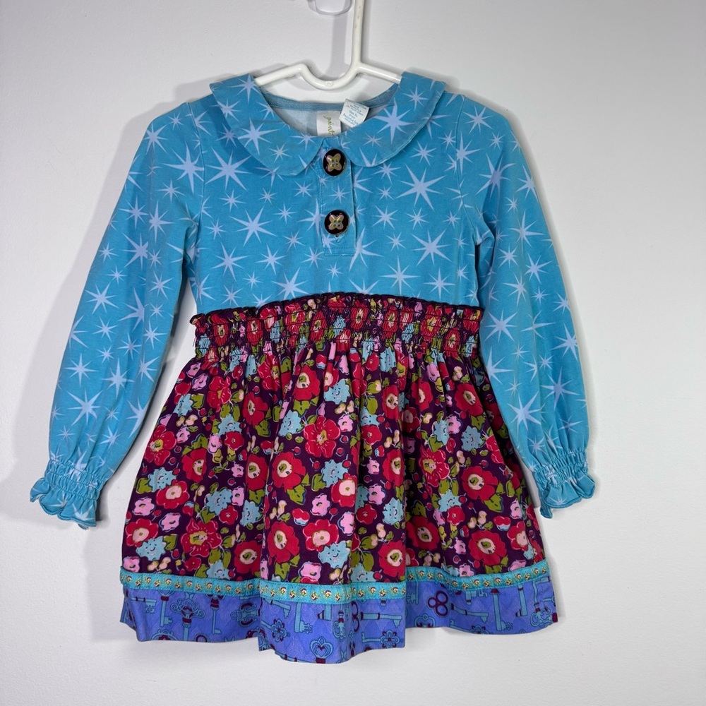 Matilda Jane Girls Size 2 Blue Patchwork Floral Twirl Dress Long Sleeve